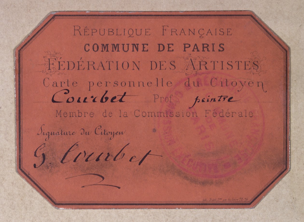 Gustave Courbet személyi kártya, amelyet a Párizsi Művészek Szövetsége bocsátott ki a párizsi kommün idején, 1871 (karton) alkotó: French School