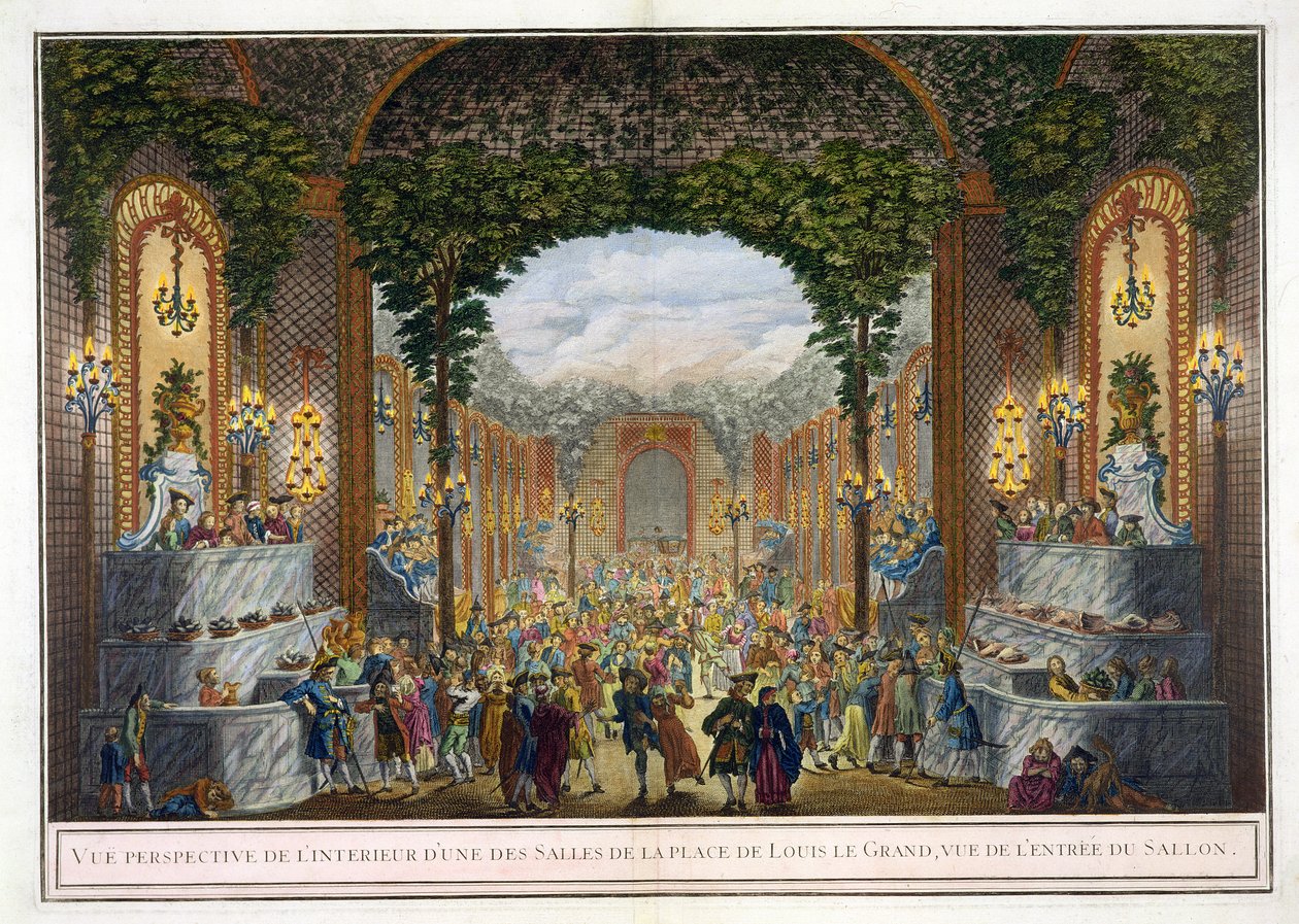 Perspektivikus kilátás a Place de Louis le Grand egyik szobájának belsejére, kilátás a szalon bejáratára (színes gravírozás) alkotó: French School