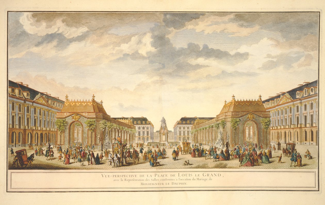 A Place de Louis le Grand perspektivikus képe a Monseigneur le Dauphin házassága alkalmából épített szobákkal (színes metszet) alkotó: French School