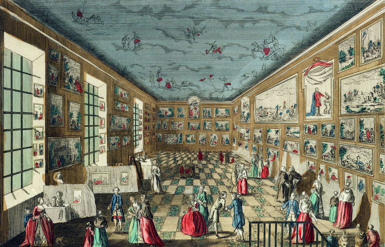 Perspektivikus kép a párizsi Louvre Királyi Festészeti és Szobrászati Akadémia szalonjáról alkotó: French School