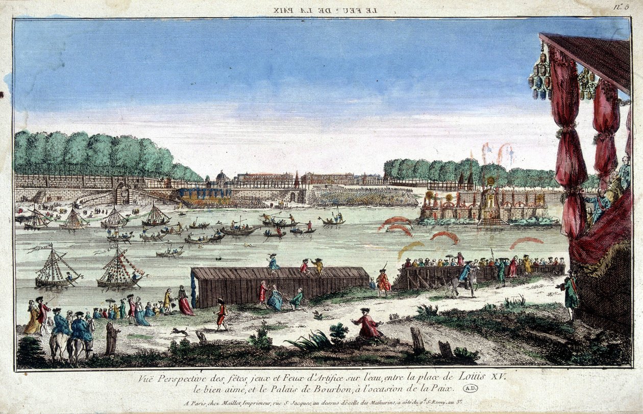 Perspektivikus nézet partik, játékok és tűzijátékok vízen, a Place XV és a Palais Bourbon között, a béke alkalmából alkotó: French School