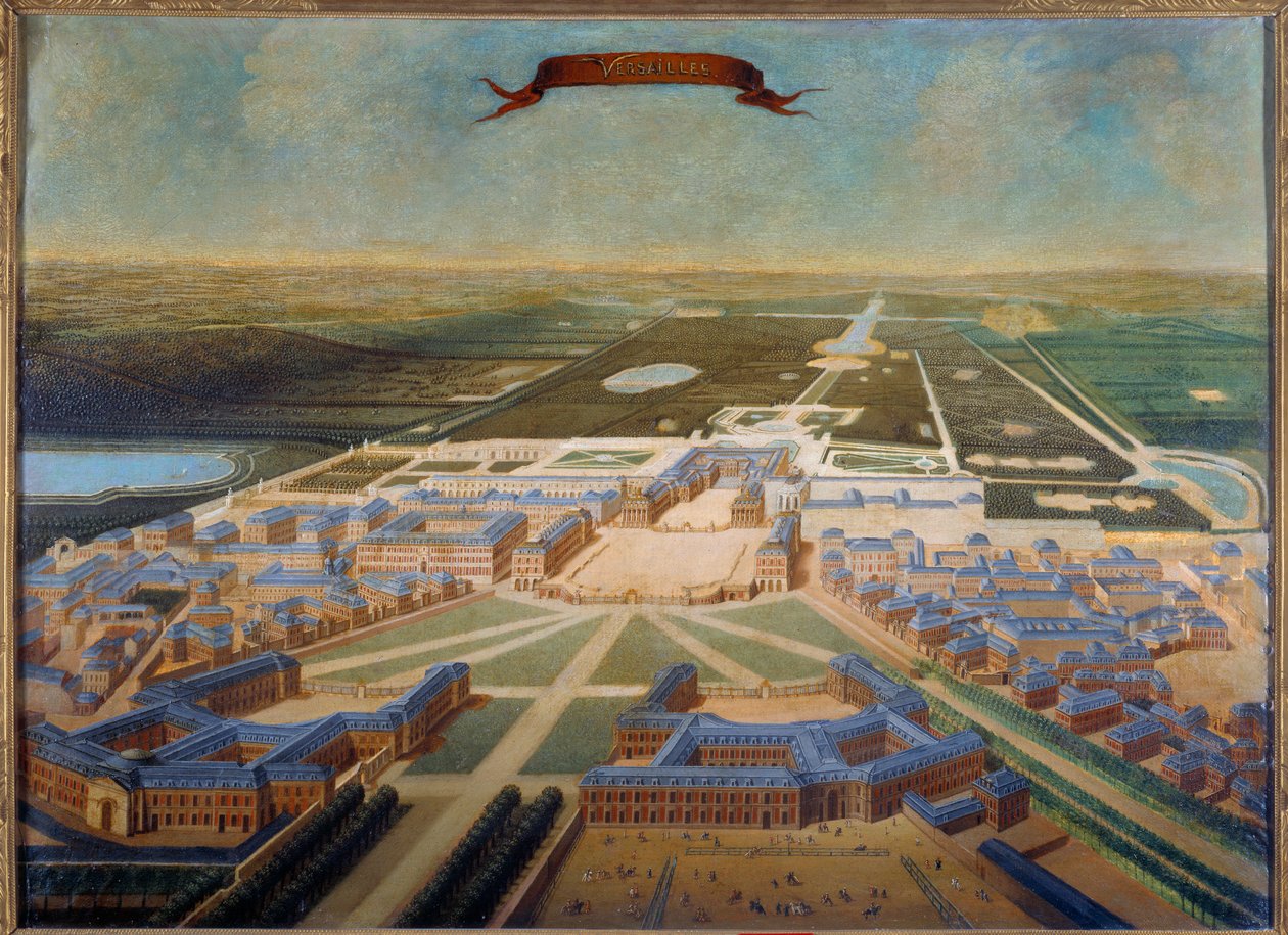 Perspektivikus kép a kastély istállóiról és a versailles-i kertekről XIV. Lajos uralkodásának végén, 1710-1715 körül. A francia iskola festménye alkotó: French School