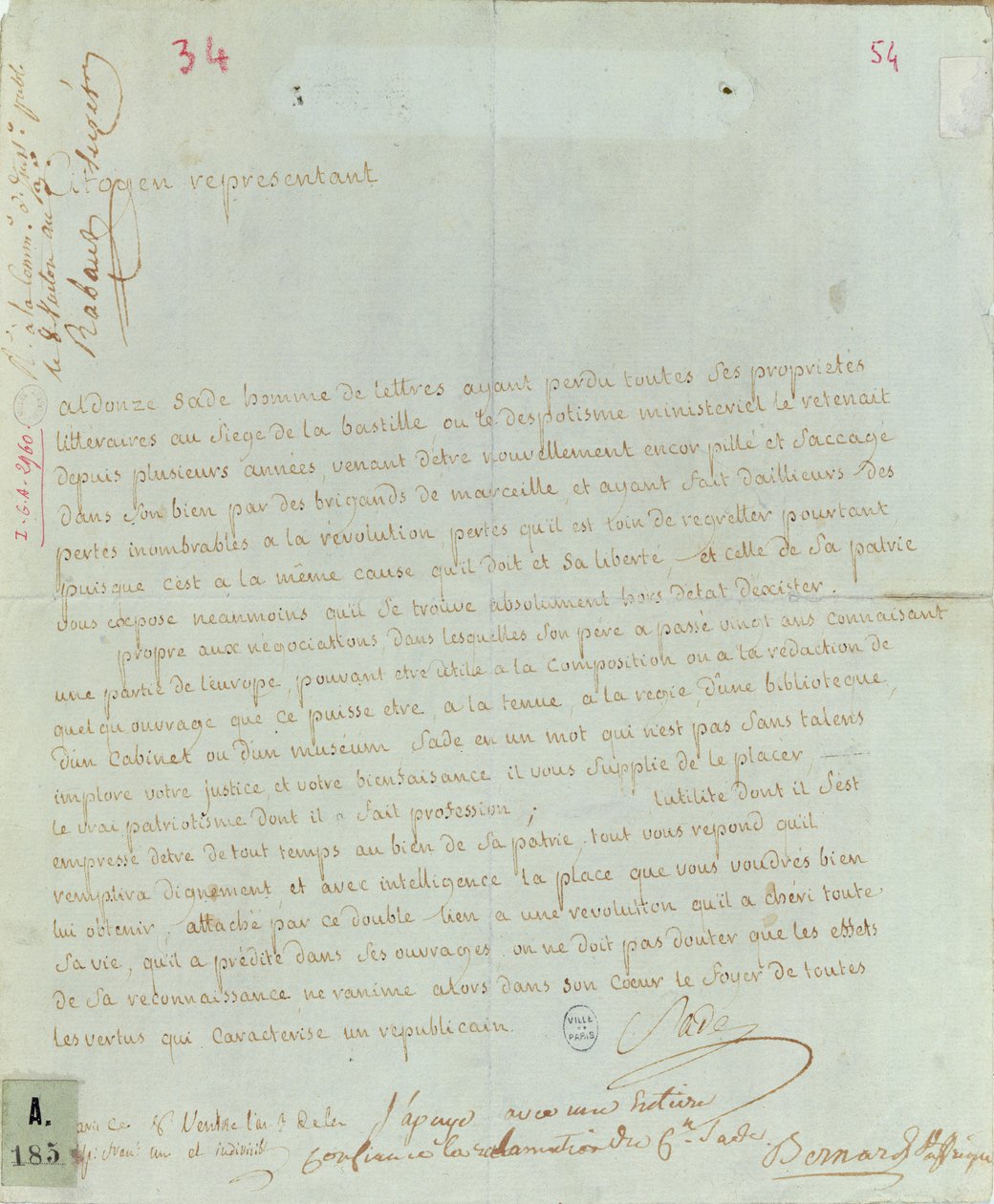 Aldonze Safe foglalkoztatási petíciója, 1794-95 (toll és tinta papíron) alkotó: French School