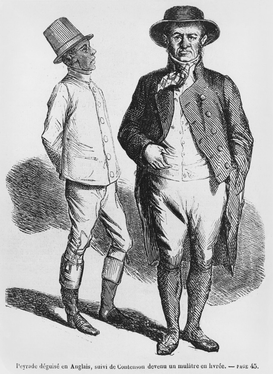 Peyrade angol férfinak álcázott, Contenson pedig mulatt szolgának, illusztrációja Honore de Balzac Splendeurs et Miseres des Courtisanes című könyvéből, 1867-ben megjelent alkotó: French School