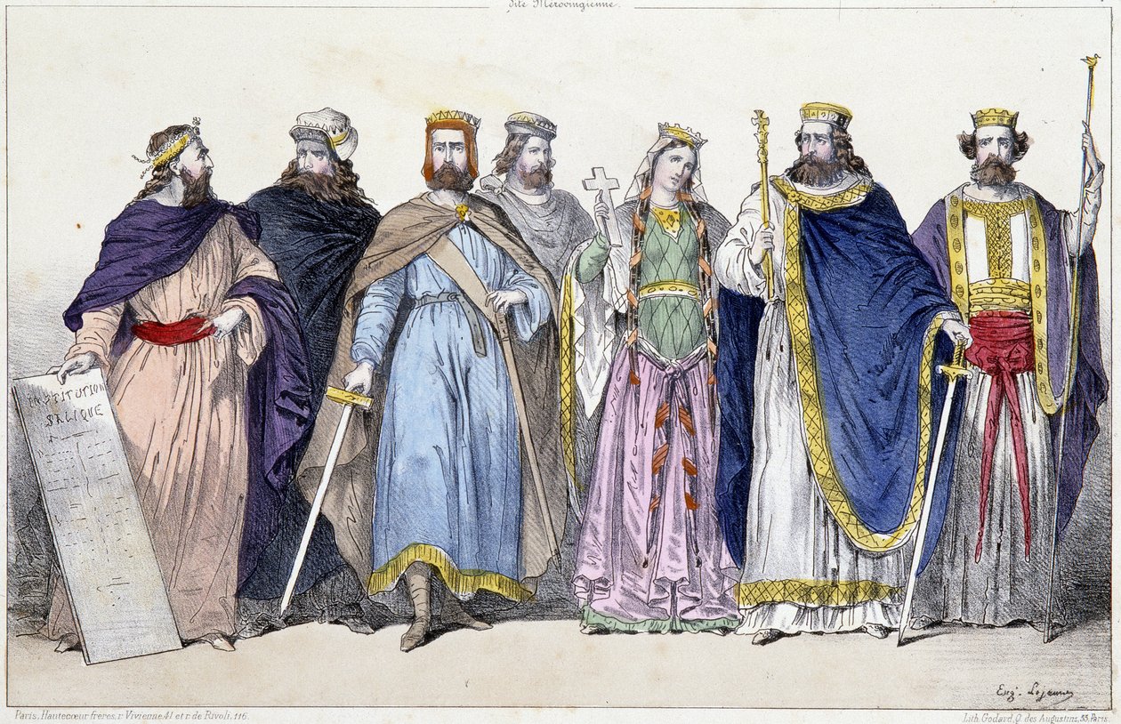Pharamond, Clodion, Merovee, Childeric, Clotilde, Clovis 1er és Childebert 1er - „A francia monarchia nyomatokban” alkotó: French School