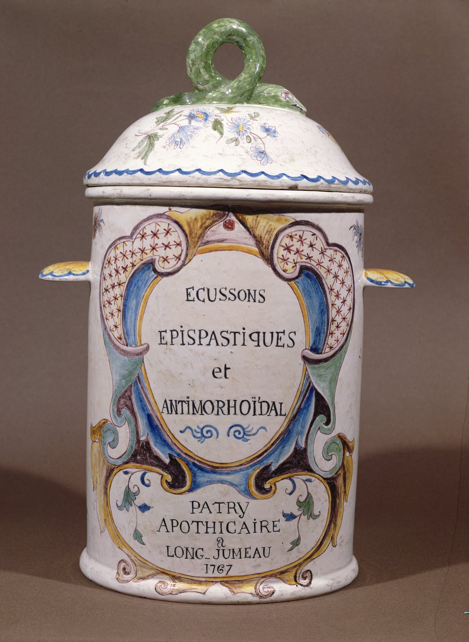 Gyógyszeres tégely a longjumeau-i Patry patikától, 1767 (kerámia) alkotó: French School