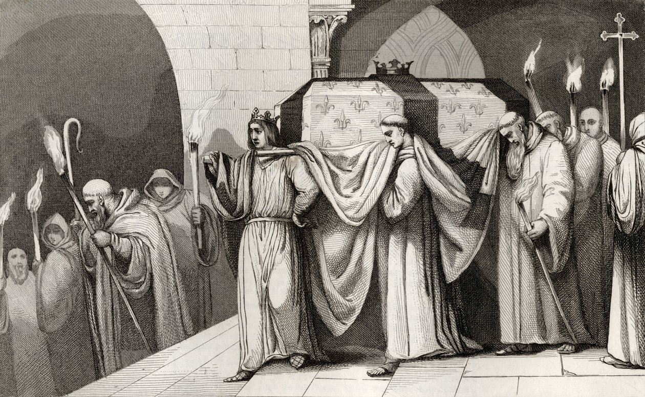 III. Fülöp (1245-85) Merész segít vinni apja koporsóját, Colart „Histoire de France” című könyvéből, amely 1840 körül jelent meg. alkotó: French School