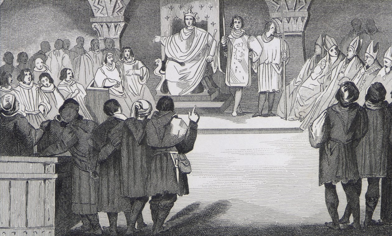Philippe IV (1268-1314) le Bel újra egyesíti az államokat a Louvre-ban, Colart „Histoire de France” című művéből, amely 1840 körül jelent meg. alkotó: French School