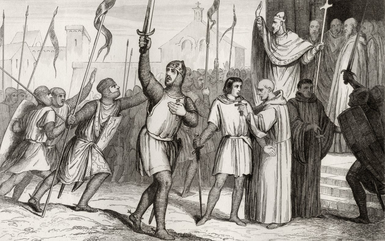 I. Fülöp (1052-1108) és II. Urbán pápa (kb. 1035-99) az 1095-ös első keresztes hadjáratra hívják össze Colart „Histoire de France” című művéből, amely 1840 körül jelent meg. alkotó: French School