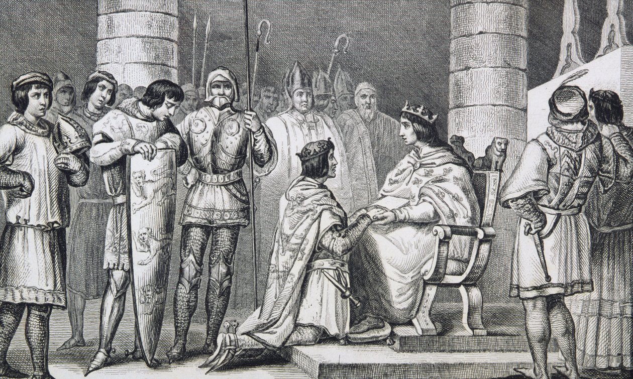 VI. Philippe (1293-1350) de Valois III. Edward (1312-77) angol előtt tiszteleg, de csak mint Aquitánia hercege, Colart „Histoire de France” című művéből, amelyet 1840 körül adtak ki. alkotó: French School