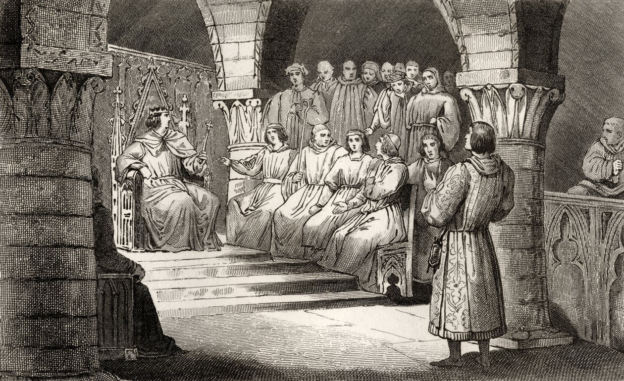 V. Philippe (1293-1322) a Magas és az államok tábornoka elutasítja II. Jeanne állításait Colart „Histoire de France” című művéből, amely 1840 körül jelent meg. alkotó: French School