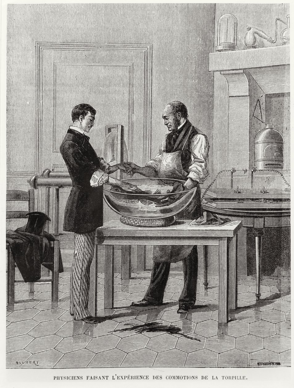 Torpedón kísérletező fizikusok, 19. század 2. fele (metszet) (f/w fotó) alkotó: French School
