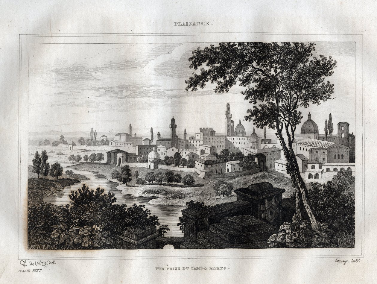 Piacenza - Plaisance - Metszet a „festői Olaszországból”, M. de Norvins, Ch. Nodier 1834-1836. alkotó: French School
