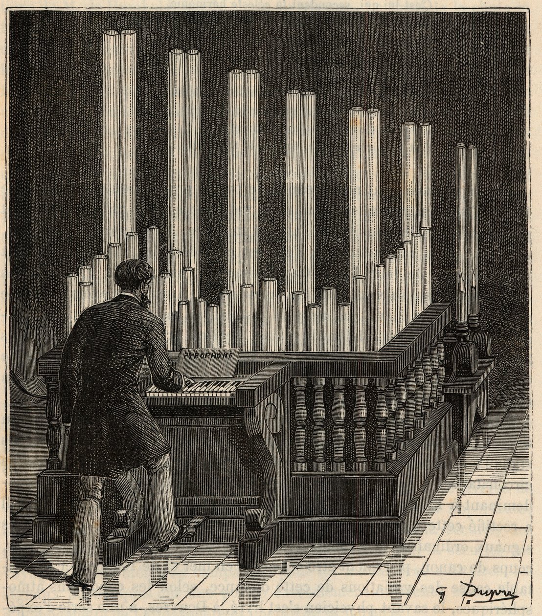 Piano a Gaz - (Gázorgona) Pirofon (tűz/robbanó orgona) (tűz-/robbanás-kalliópa) Metszet a „”-ba A tudományok mindenki kapujába kerültek - Népszerű fizika és kémia, Alexis Clerc - 19. század vége - Magángyűjtemény alkotó: French School