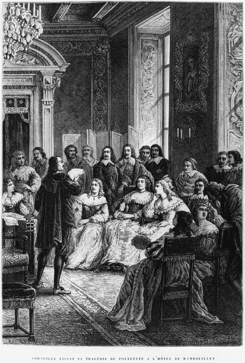 Pierre Corneille (1606-84) Polyeucte-ot olvas a Hotel de Rambouillet-ban, 1880 körül alkotó: French School