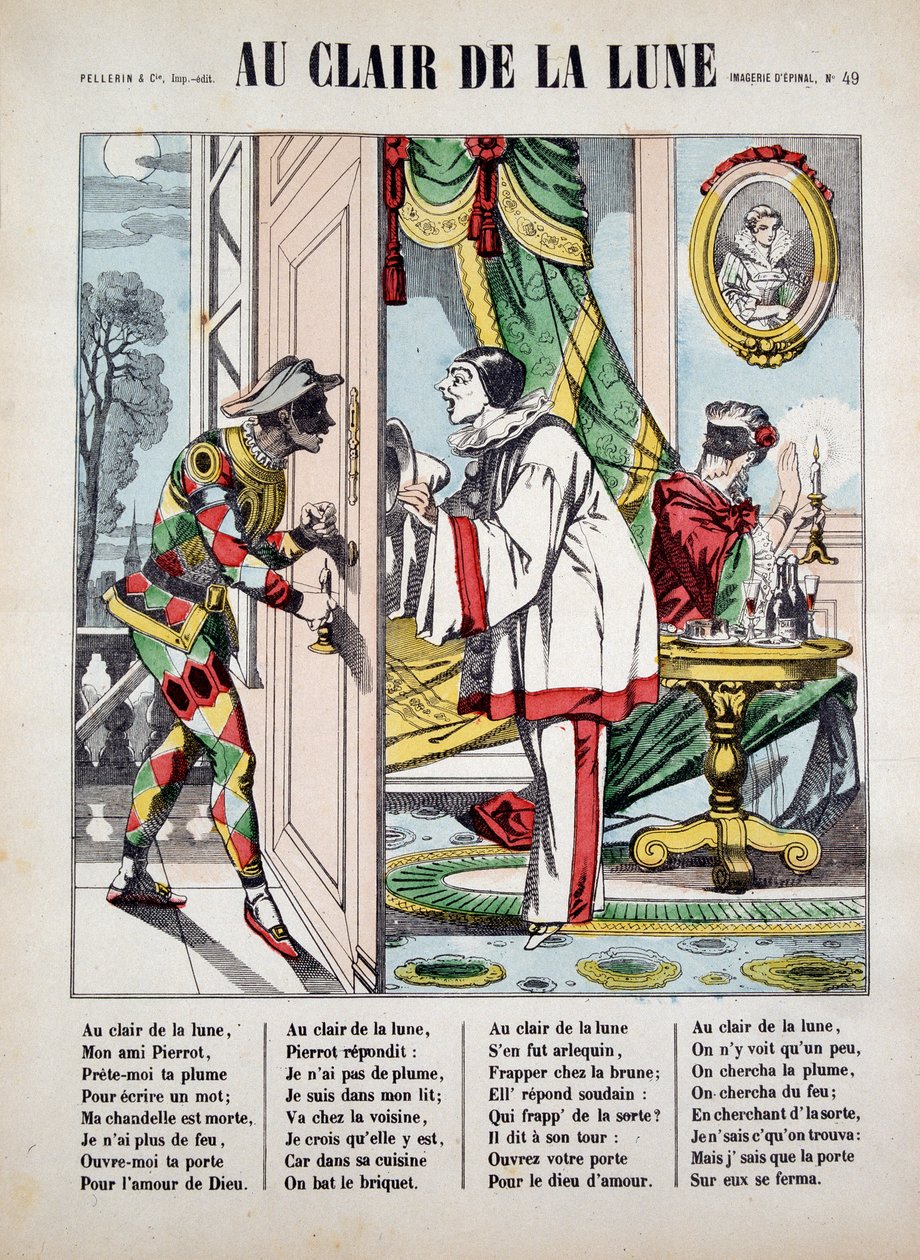 Pierrot, Harlequin és a szomszéd, beteg. az „Au clair de la lune” című dalból, Epinal képe alkotó: French School