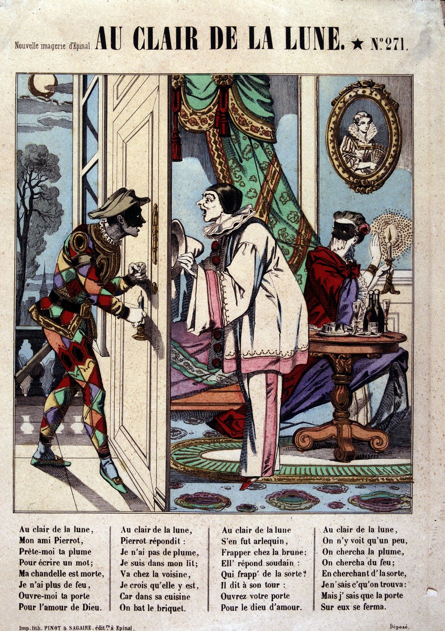 Pierrot, Harlequin és a szomszéd, beteg. az „Au clair de la lune” című dalból, Epinal képe alkotó: French School