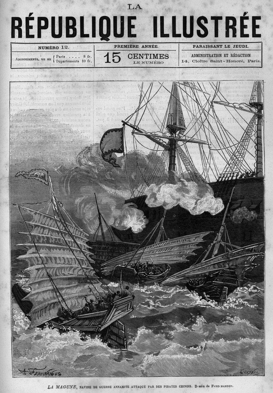 Kalózkodás: a „La Magune” Annamite hadihajót kínai kalózok támadták meg. Egy újság. Metszet 1880-ból a „La republique illustree”” magángyűjteményben. alkotó: French School