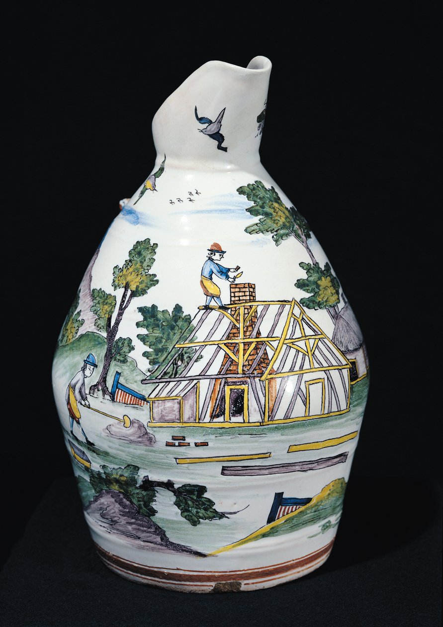 Egy épület építését ábrázoló kancsó, Sinceny, 1740-50 körül (fajansz) alkotó: French School