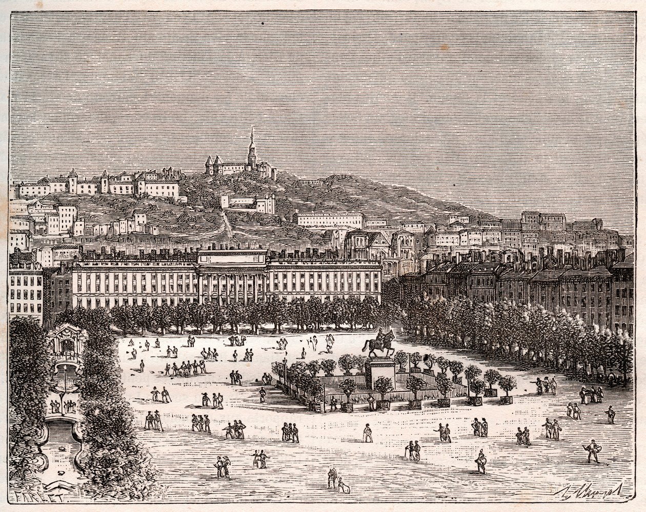 Place Bellecour vagy Place Louis-le-Grand - la plus grande place de Lyon - "La France illustree: földrajz, történelem, statisztikai igazgatás" metszet, V.-A. Maláta-barna. 1884 alkotó: French School