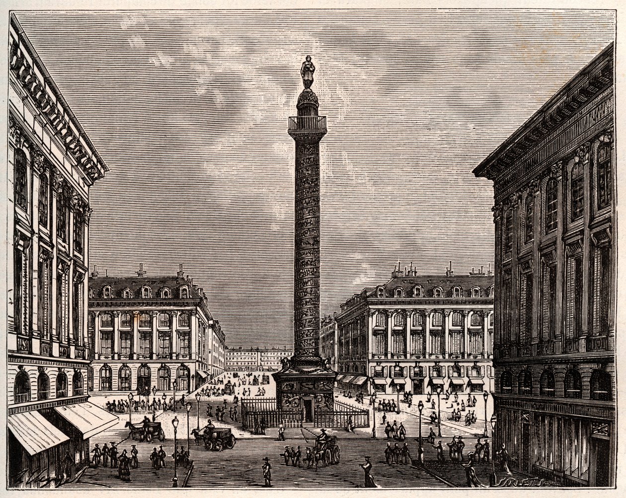 A Place Vendome Párizsban a 19. században – a „La France illustree: geographie, histoire, Administrationstatistika” című metszet, V.A. Maláta-barna. 1884 alkotó: French School