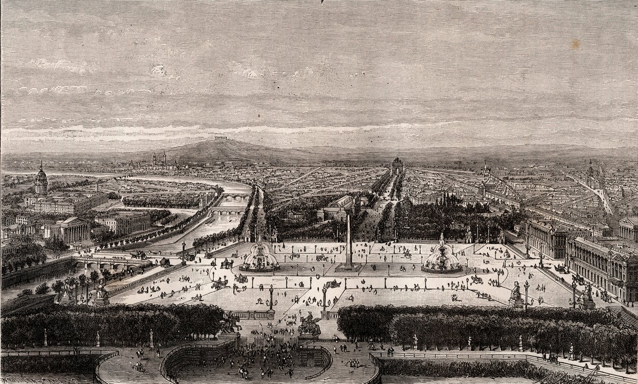 Place de la Concorde Párizsban – „La France illustree: földrajz, történelem, statisztikai közigazgatás” metszet, V.A. Maláta-barna. 1884 alkotó: French School