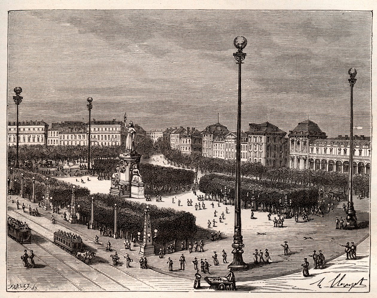 Place de la Republique Párizsban – V.A. „La France illustree: földrajz, történelem, közigazgatás statisztika” című metszet. Maláta-barna. 1884 alkotó: French School