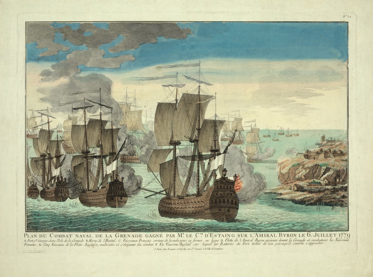 Grenada haditengerészeti harci tervet nyert Mr. Cte. D"Estaing Byron admirálison 1779. július 6-án, pub. 1779 alkotó: French School