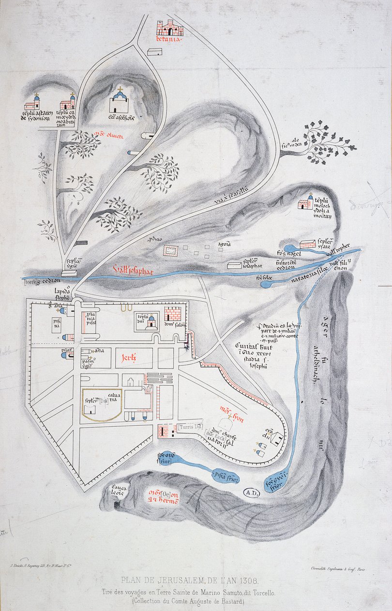 Jeruzsálem terve 1308-ban, illusztráció a Liber de Expedition Terrae Sanctae fakszimile kiadásából, Marino Sanuto di Torcello (kb. 1260-1338) alkotó: French School