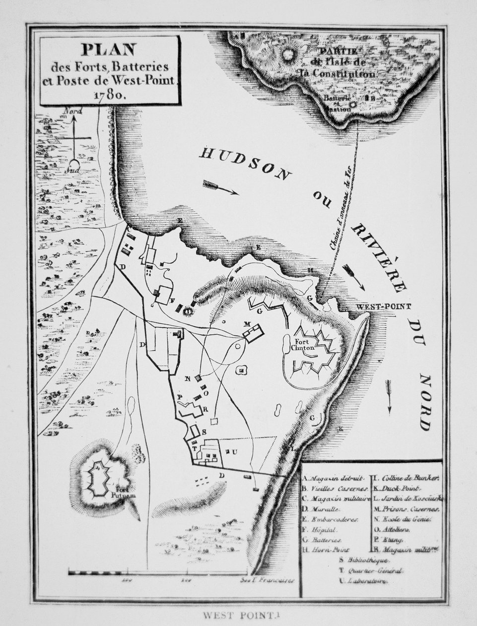 West Point terve, a kulcsfontosságú erőd, amelyet Benedict Arnold tervezett átadni a briteknek a függetlenségi háború alatt (litho) alkotó: French School