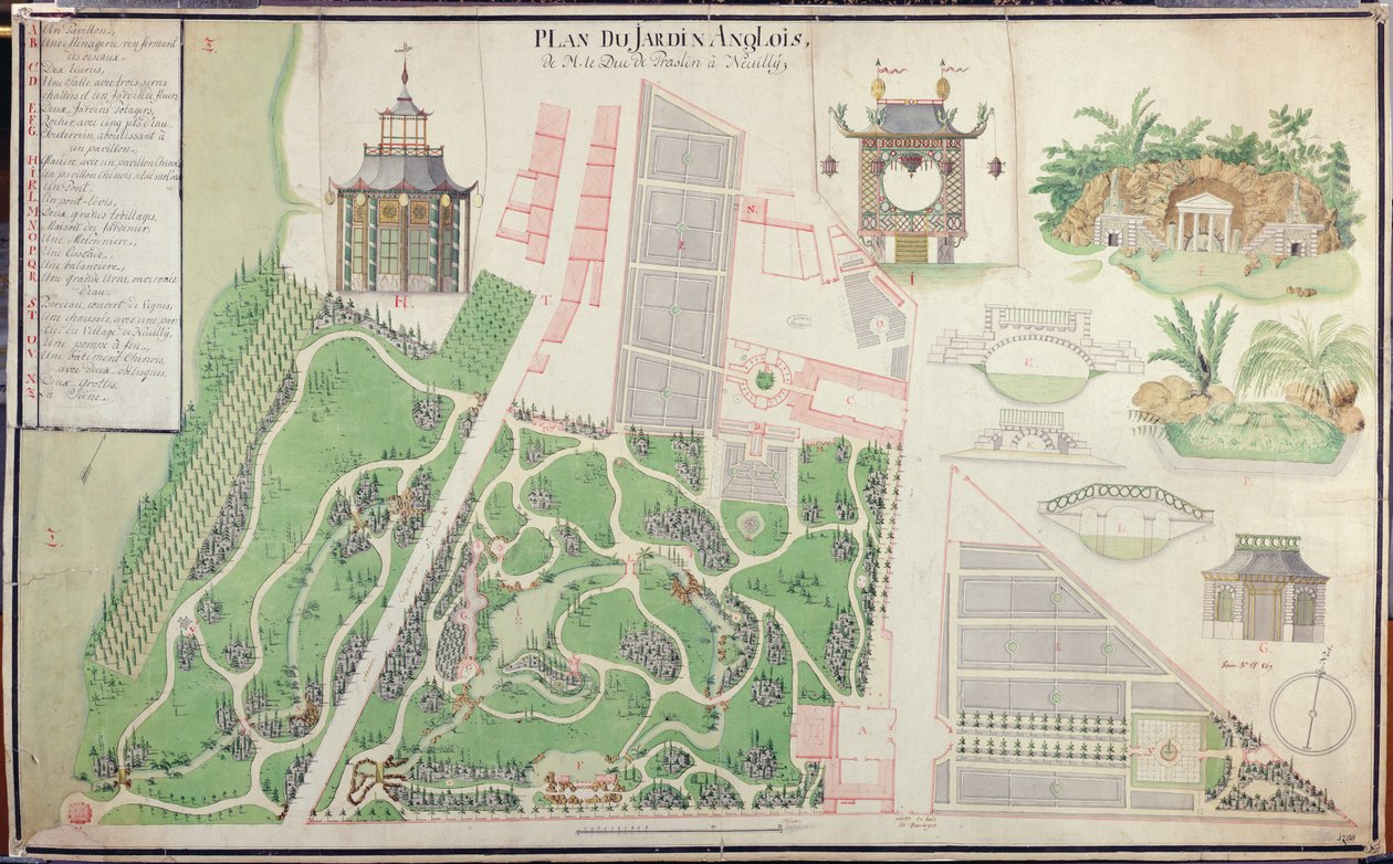 Praslin herceg angol tájkertjének terve Neuilly-sur-Seine-ben, 1788 (toll, tinta és WC papíron) alkotó: French School