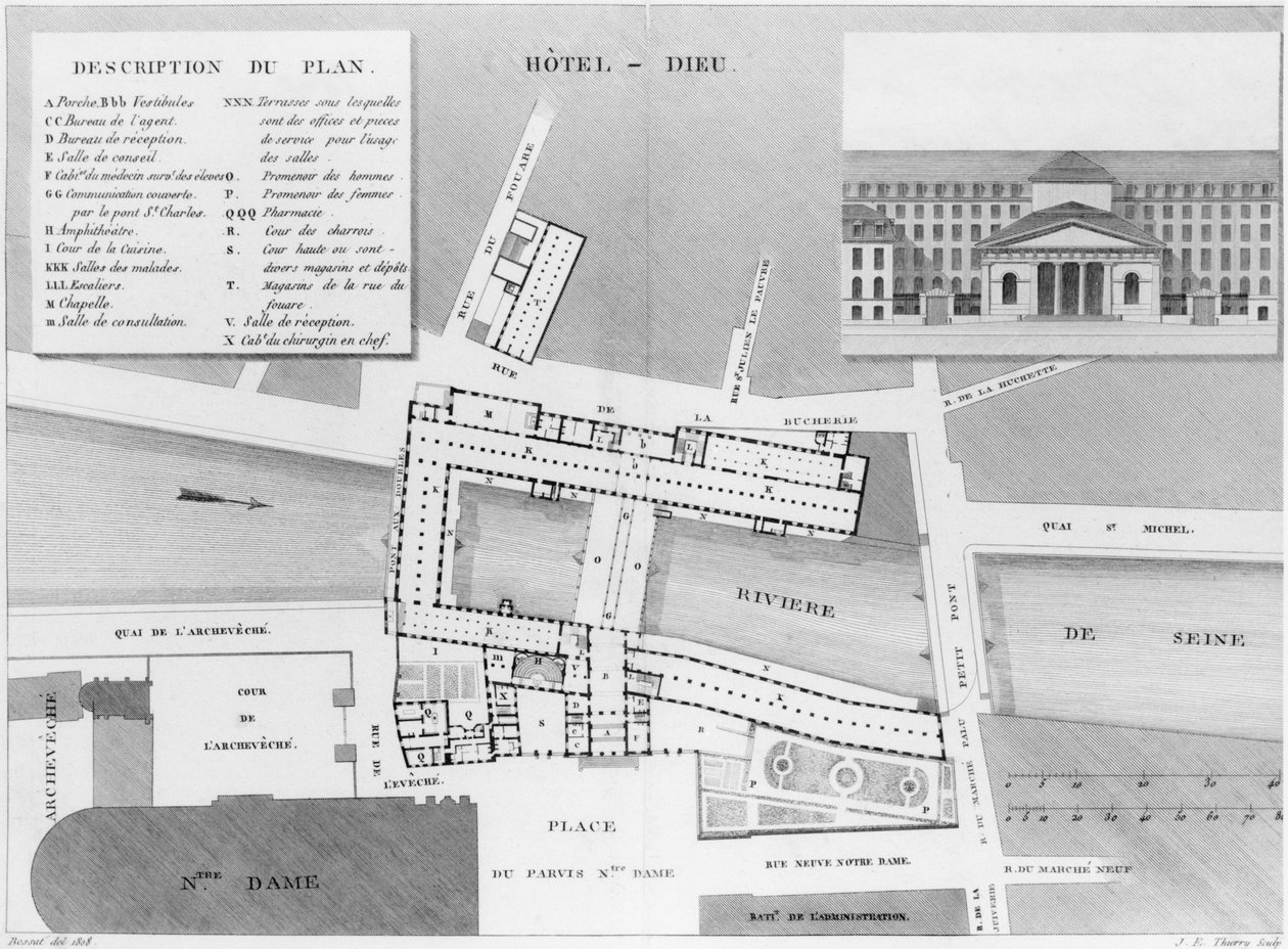 A párizsi Hotel-Dieu térképe, a Description des Hopitaux de Paris illusztrációja, Jacques Etienne Thierry (1750-1832) vésette Bessat után, 1808 alkotó: French School