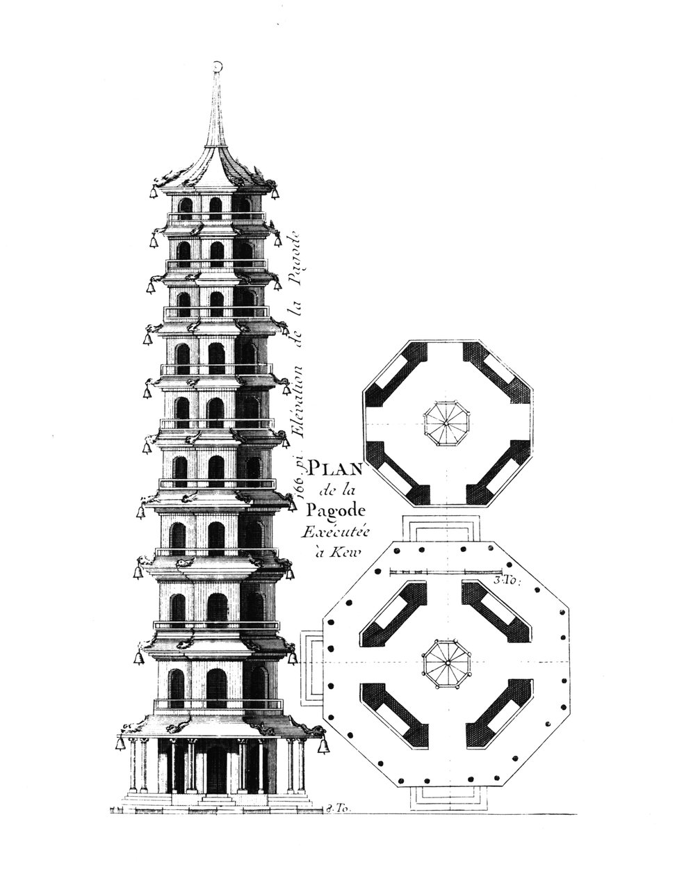 A kew-i pagoda terve, a Jardins Anglo-Chinois a la Mode-ból, George Louis le Rouge, közzétéve 1776-88 körül alkotó: French School