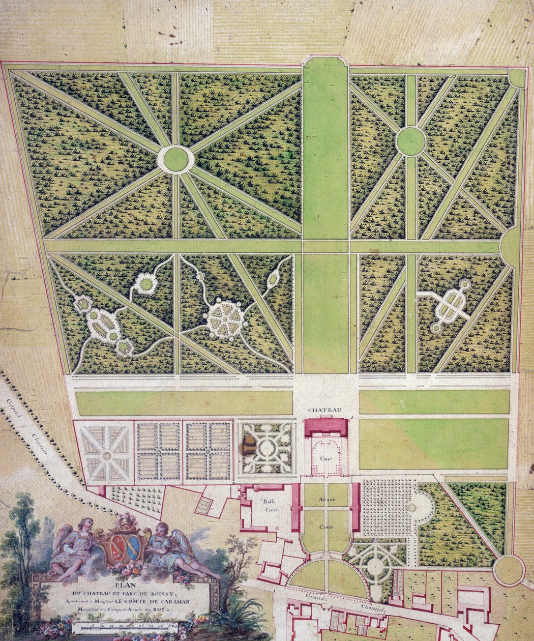 A Comte de Caraman tulajdonában lévő roissy-i kastély és park terve (toll, tinta és WC papíron) alkotó: French School