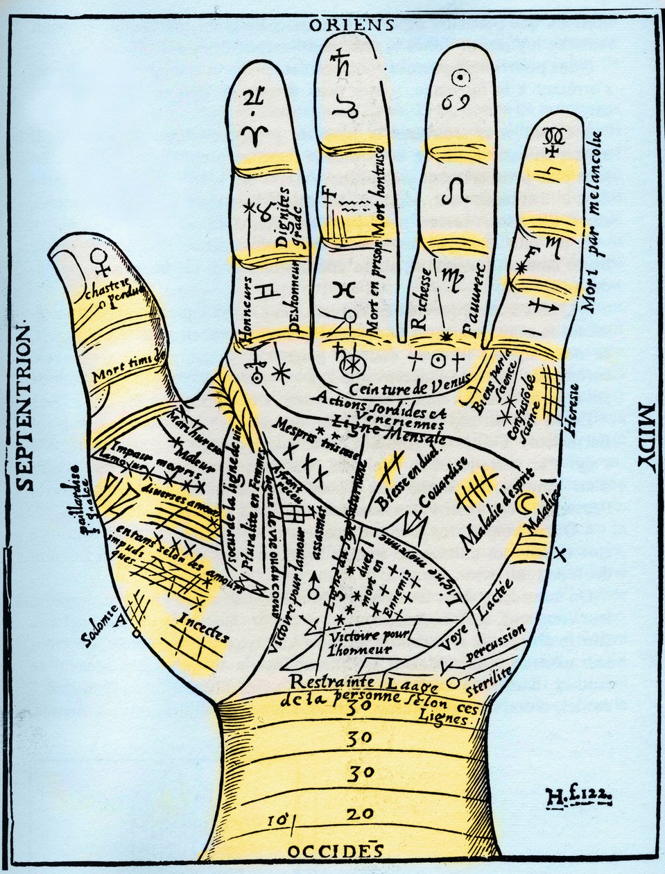 A bal kéz bolygó- és állatövi diagramja, Jean Belot „Oeuvres Diverses” című művéből alkotó: French School