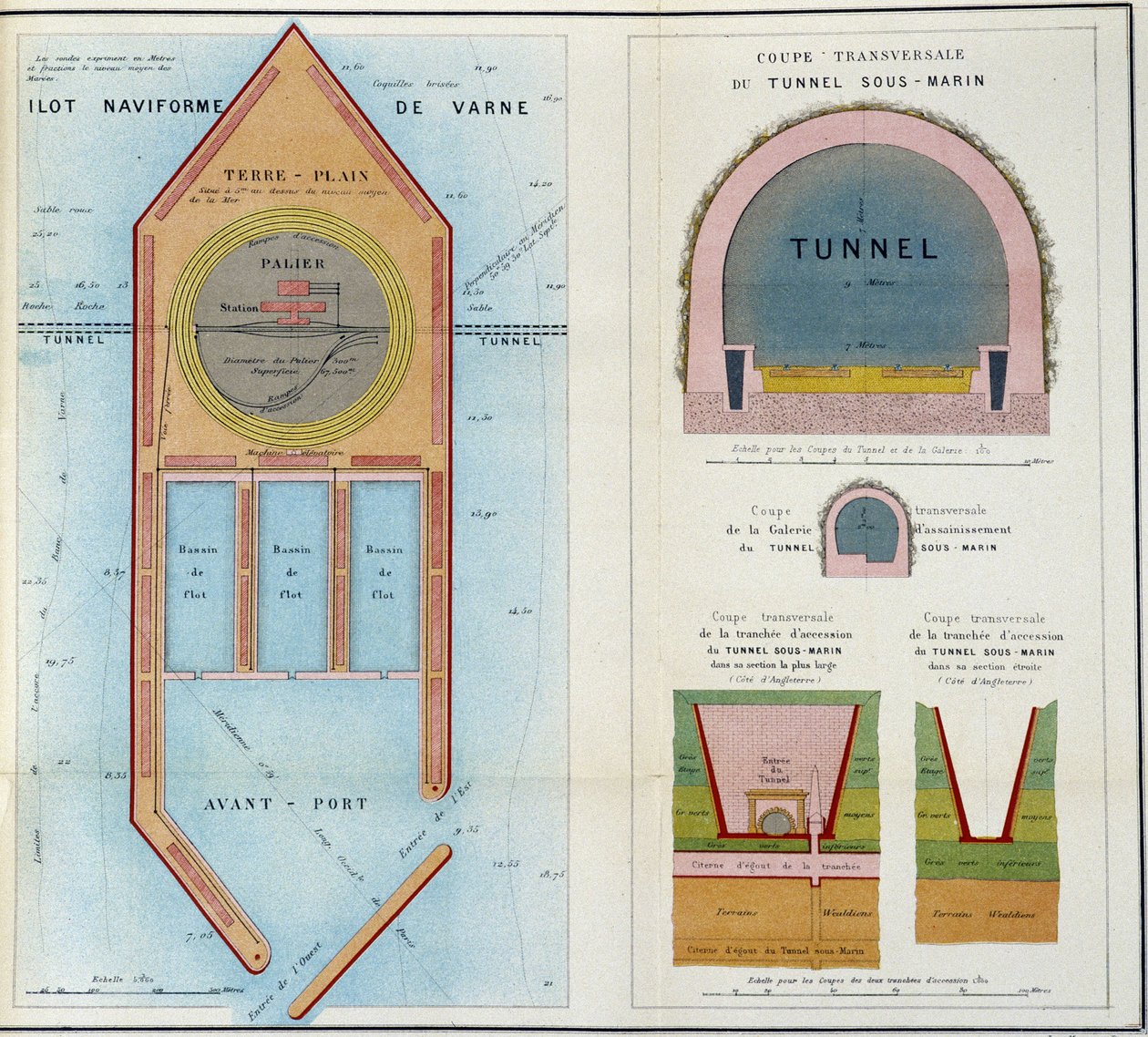 Az 1867-es világkiállításon készített „” Emlékezés az Anglia és Franciaország közötti víz alatti alagút új projektjének terveiről””, M.A. Thomé de Gamond alkotó: French School