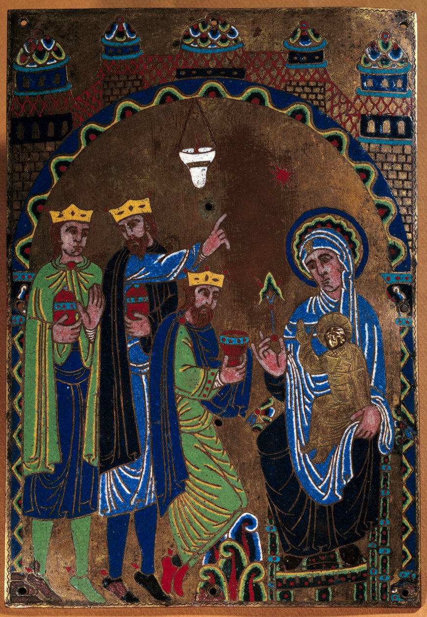 A grandmonti apátság főoltárának emléktáblája: A mágusok imádása. Zománc dore és véső rézen. 1275-1300. Limoges-ból. Párizs, Középkori Nemzeti Múzeum, Thermes de Cluny alkotó: French School