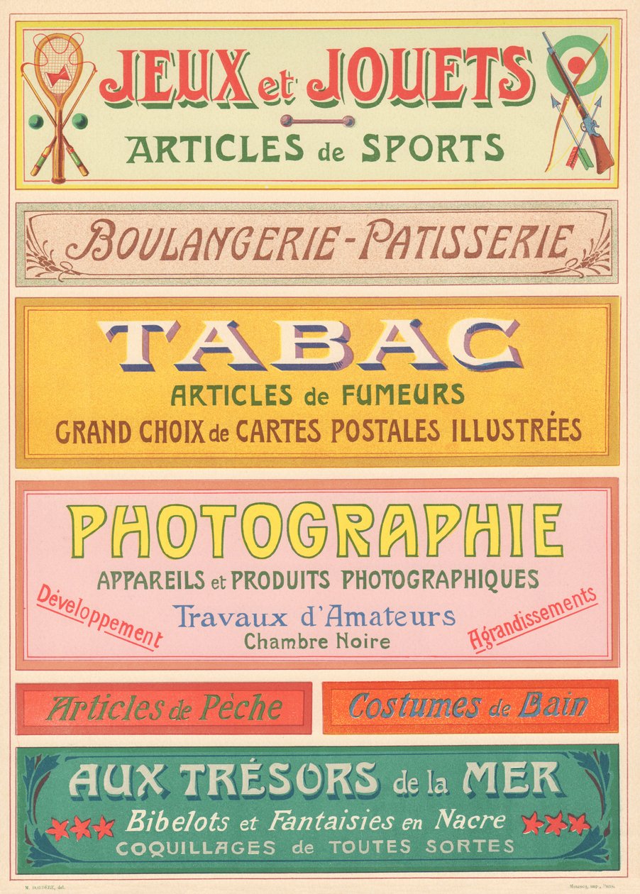 20. sz. tábla: Jelzőmodellek szecessziós betűfestők számára (Játékok és játékok, Pékség-cukrászda, Dohányáru, Fényképészet). alkotó: French School