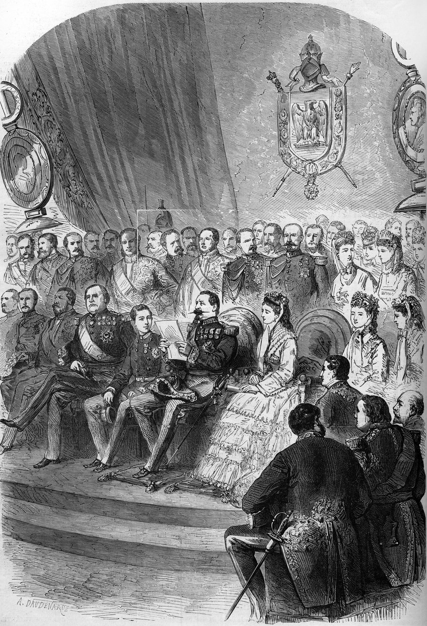 1870-es népszavazás: az eredményekről szóló hivatalos nyilatkozat bemutatása III. Napóleonnak (1808-1883). Jelen van még Eugenie de Montijo császár (1826-1920), fia, császári herceg (1856-1879), Mathilde Bonaparte (1820-1904) és Clo hercegnők. alkotó: French School
