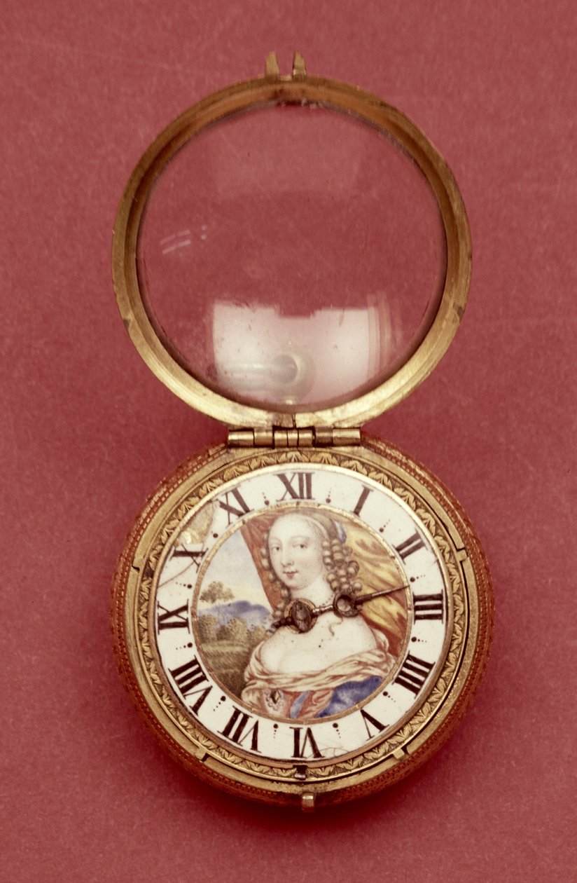 Zsebóra fehér zománcozott fejezetgyűrűvel, állítólag Anne Marie Louise dOrleans, Montpensier hercegnőjének (1627-93) portréjával, Jean Huberttől, 1650 körül (aranyozott és zománcozott fém) alkotó: French School