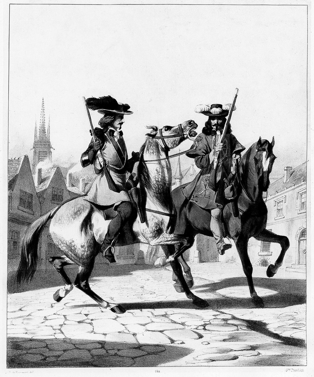 Rendőrség a 17. században: a bal oldalon az Ile de France prépost marsall íjásza, a jobb oldalon a hadnagy íjásza - metszet, Bibl. des Arts deco. alkotó: French School