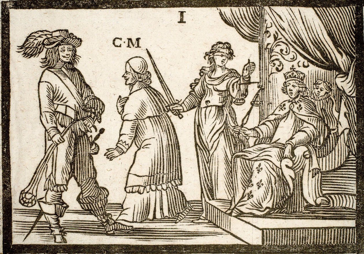Politikai füzetek Mazarinade: Mazarint a Justice and Sling száműzte, elhagyja a királyt (XIII. Lajos). Vésett fa 1651. alkotó: French School