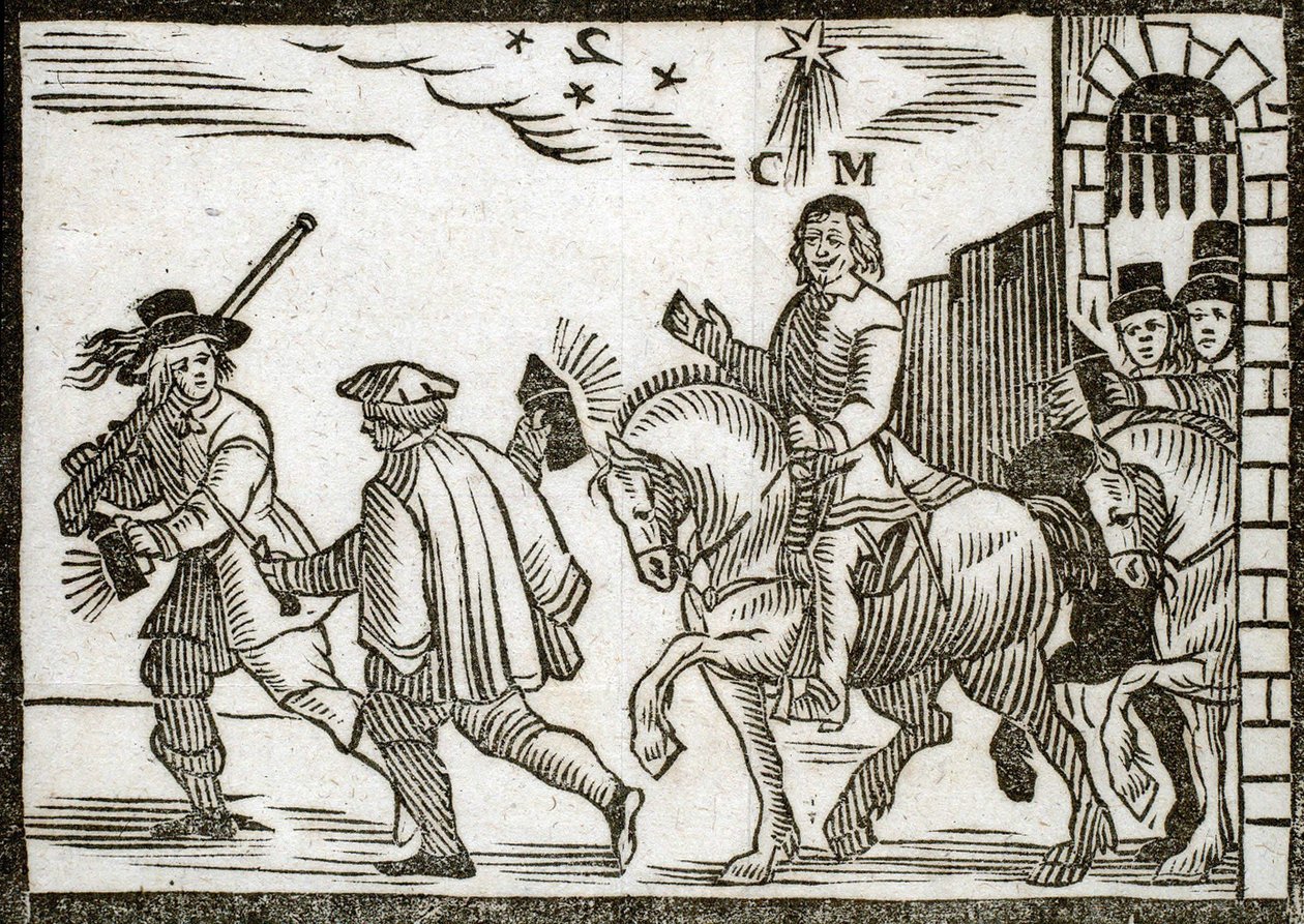 Politikai füzetek Mazarinade: Mazarin lóháton menekül Párizsból az éjszaka közepén, előtte két lámpást hordozó inas. Vésett fa 1651 alkotó: French School