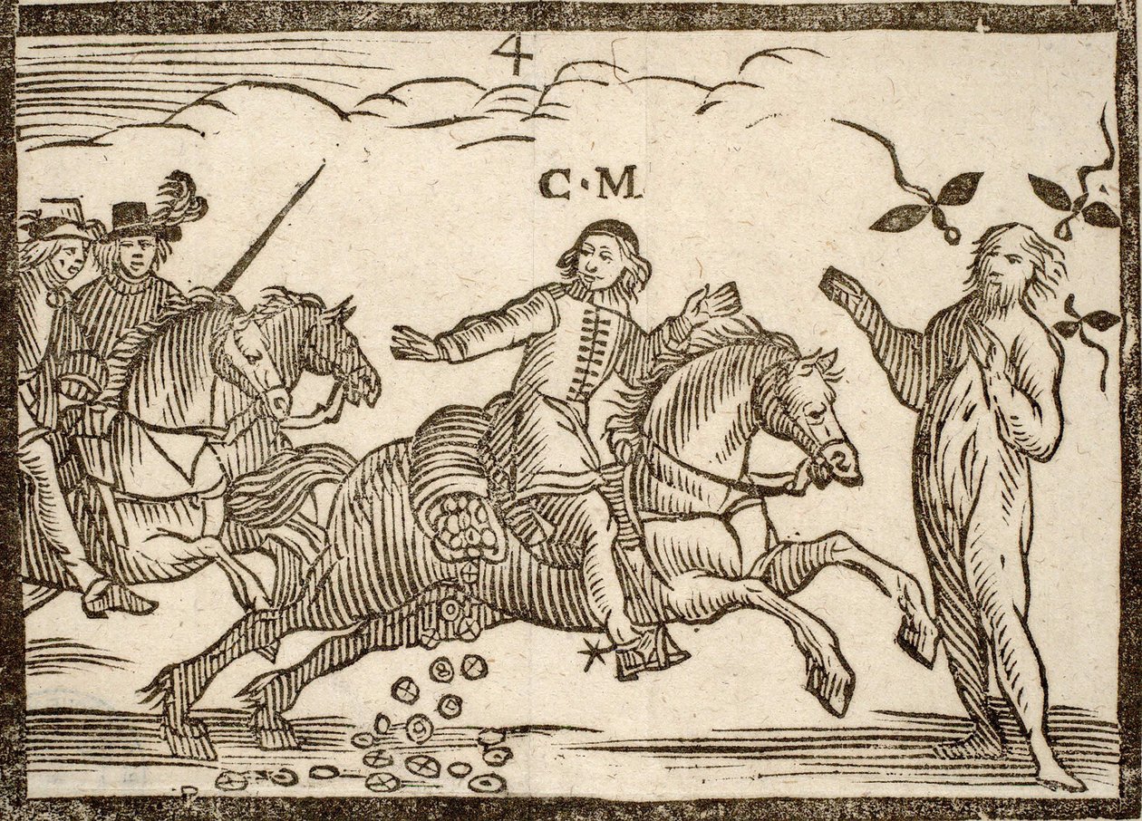 Politikai füzetek Mazarinade: Mazarin repülés közben leejti az ekusokat: Concini, Horgony marsalljának árnyéka áll előtte. Vésett fa 1651. alkotó: French School