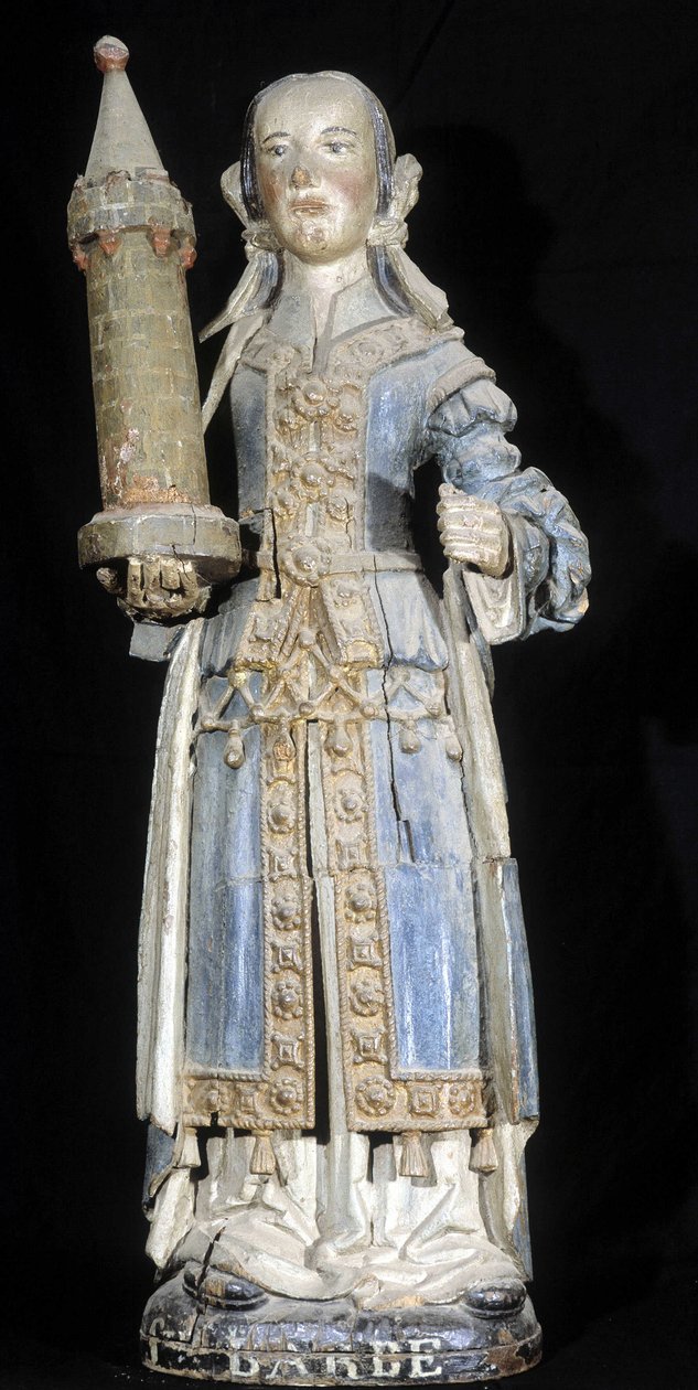 Szent Barbét ábrázoló polikróm faszobor (16. század vége), a Dinani Múzeumban őrzik. alkotó: French School