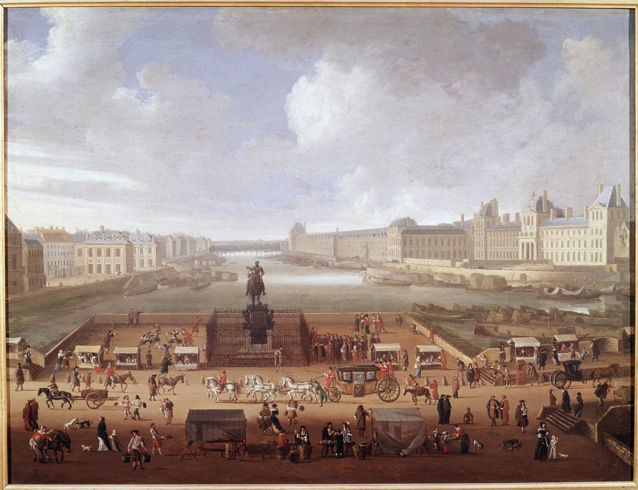 Pont-Neuf, Párizs, a Place Dauphine bejárata felől nézve, amelyen a 4 Nations College, a Quai Malaquais és a Louvre látható (olaj, vászon alkotó: French School