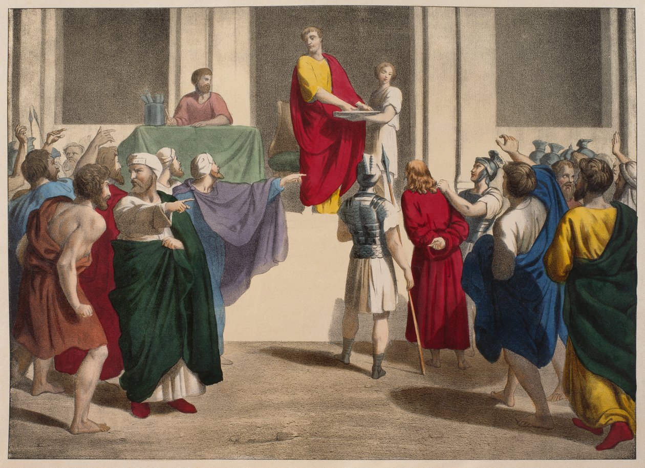 Poncius Pilátus kezet mos Jézus előtt, illusztráció az LHistoire Sainte katekizmusból, Charles Delagrave, Párizs, 19. század vége alkotó: French School