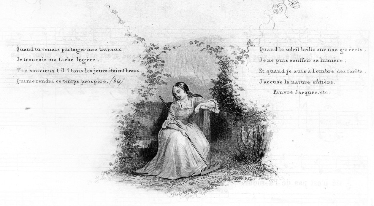 Szegény Jacques. Lány egyedül ül egy padon, kezében egy gereblye. Metszet a „Franciaországi dalok és népszerű dalok” 2. kötetébe alkotó: French School