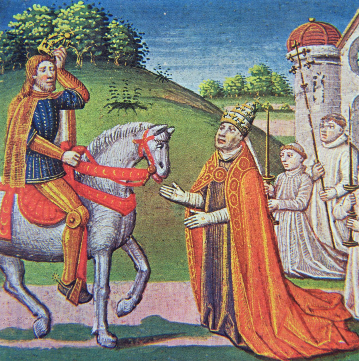 I. Adrián pápa találkozik Nagy Károlyral, miniatűr a „Franciaország krónikáiból”, A. Verard, Párizs alkotó: French School