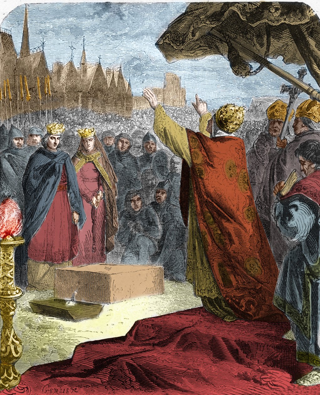 III. Sándor pápa (Orlando Bandinelli) (III. Alessandro) 1163-ban helyezte el a Notre Dame de Paris (Notre-Dame) katedrálisának első kövét VII. Lajos francia király és Maurice de Sully eveque jelenlétében. alkotó: French School